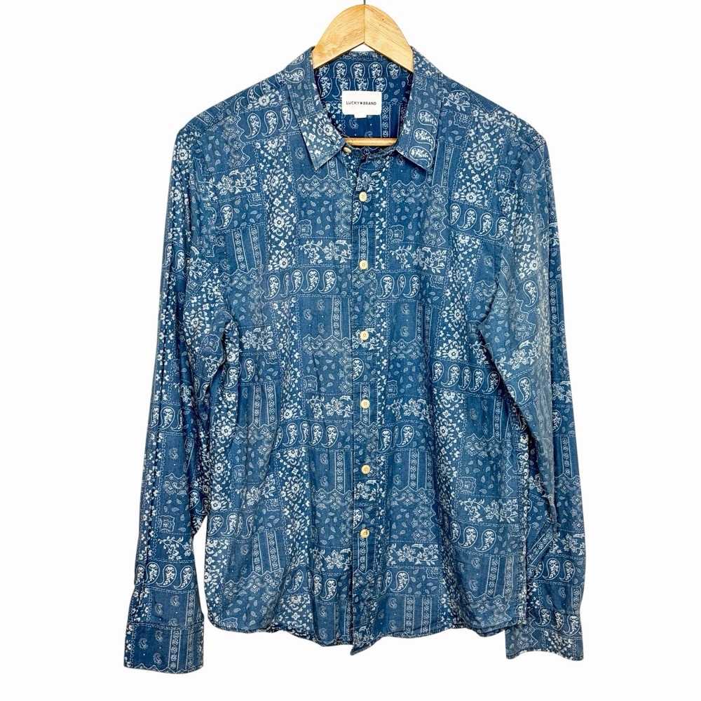 Lucky Brand Western Shirt Blue Mens Size M Paisley Bandana Cowboy Rodeo Boho